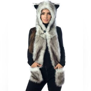 466. Faux Fur Hooded Scarf with Pockets With Zipper Side Pocket